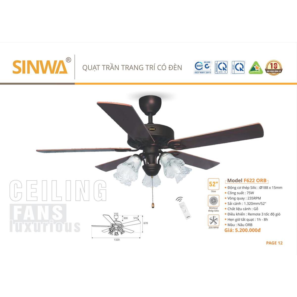 Quạt trần đèn cánh gỗ Sinwa F622 ORB màu nâu