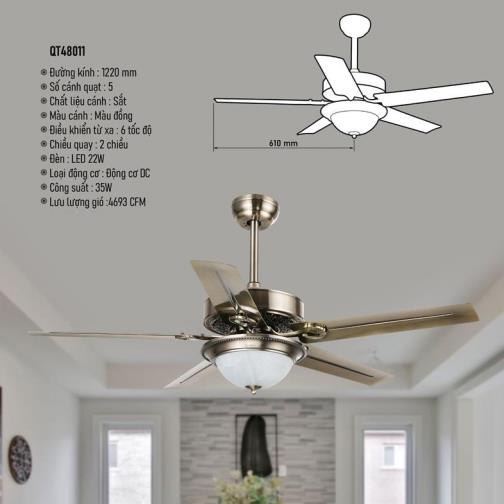 Quạt đèn trần 355 DECOR QT48011 cánh sắt màu đồng