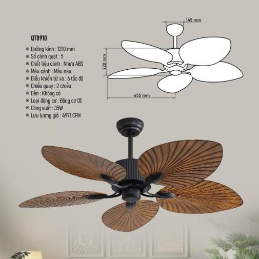 Quạt đèn trần 355 DECOR QT8910 cánh nhựa ABS