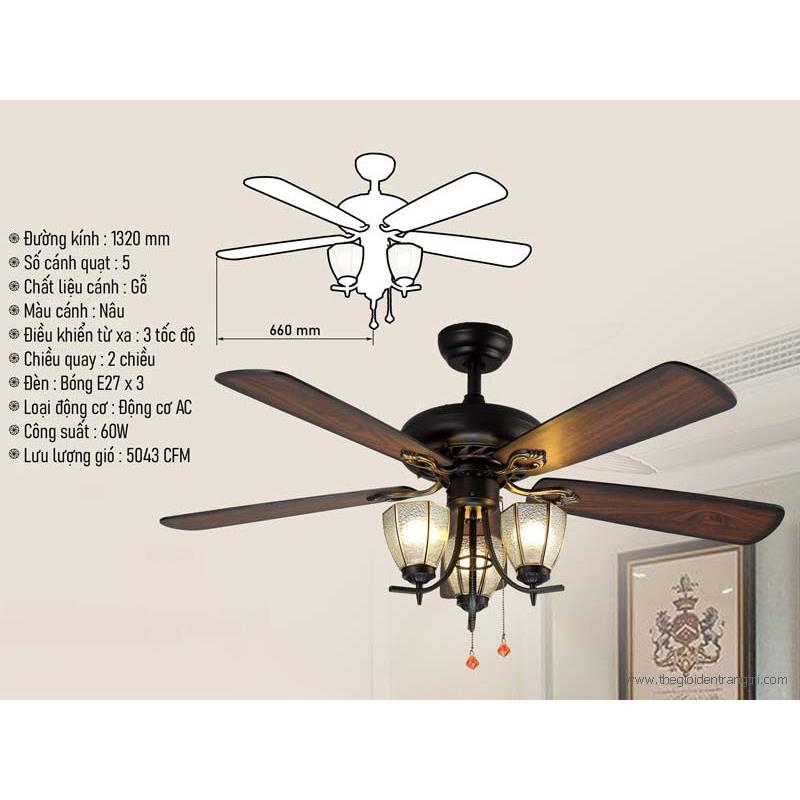 Quạt đèn trần 355 DECOR QT5218 cánh gỗ