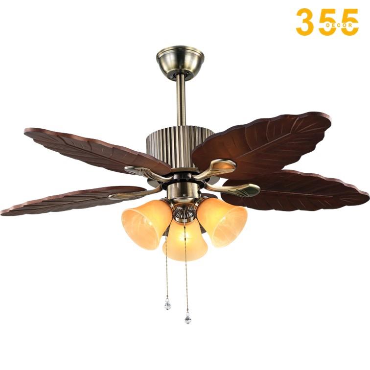 Quạt đèn trần 355 DECOR QT2062 cánh gỗ vân lá nâu đỏ