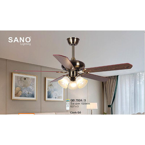 Quạt đèn trần Sano QĐ 7924/5 cánh gỗ QĐ 7924/5