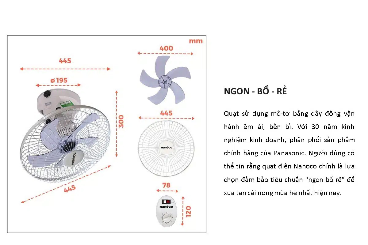 Quạt đảo trần Nanoco NOF1609 sử dụng mô tơ dây đồng giúp vận hành êm ái, bền bỉ